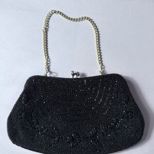 Elegant Vintage 60’s RICHERE Black Beaded Evening Clutch With‎ Chain Handle